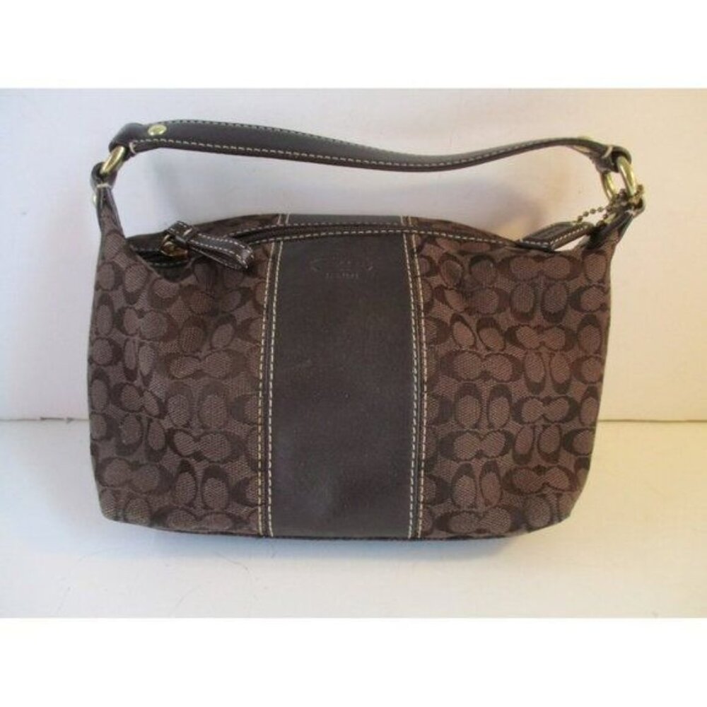 *Coach Brown Mini Small CC Logo Canvas Baguette Satchel